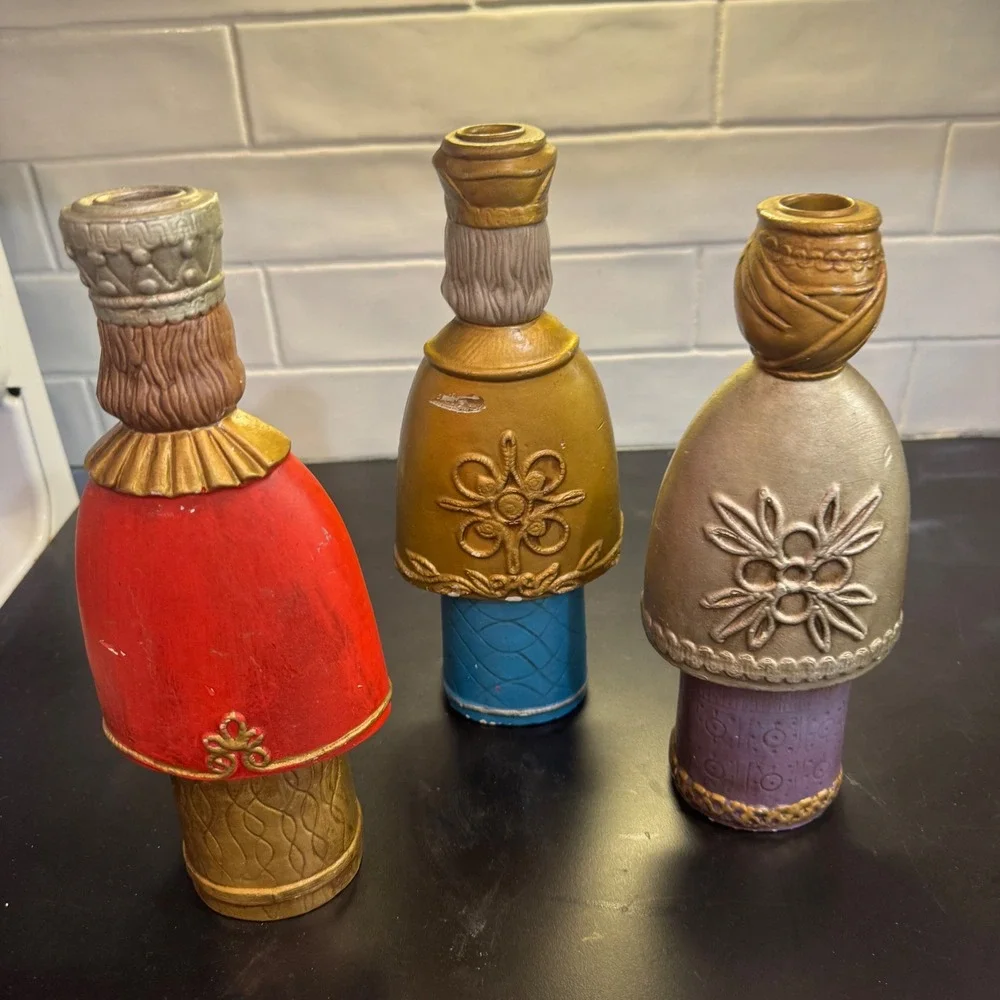 Three Wise Men Candle Holder Set Multicolor Painted Magi Decor Christmas